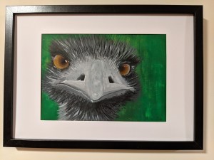EDDIE THE EMU - Sandra Burns ART - nature art, Australian Emu painting, with amazing eyes looking at you, black white grey gray feathers, green background - original artwork reproduced on deluxe wall art print