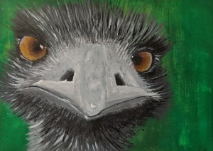 EDDIE THE EMU - Sandra Burns ART - nature art, Australian Emu painting, with amazing eyes looking at you, black white grey gray feathers, green background - original artwork reproduced on deluxe wall art print