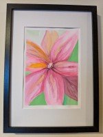 BLOOMING DELIGHT - Sandra Burns ART - nature art, black frame, bright pink flower painting with yellow highlights against a bright green background - nature art for sale, original watercolour painting on paper