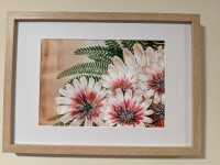 FLOWERS FOR YOU - Sandra Burns ART - nature art, glorious crimson gold and white flower painting with gold highlights on the petals, deep green fish fern, tan background - nature art for sale, original acrylic painting on paper