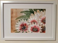 FLOWERS FOR YOU - Sandra Burns ART - nature art, glorious crimson gold and white flower painting with gold highlights on the petals, deep green fish fern, tan background - nature art for sale, original acrylic painting on paper