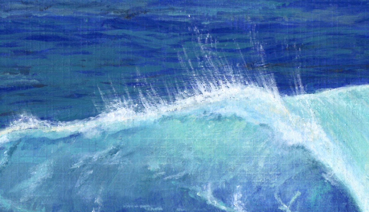 OCEAN WAVE - Sandra Burns ART - nature art, crashing wave, blue water, white sea-spray, white shore wash, acrylic painting on paper