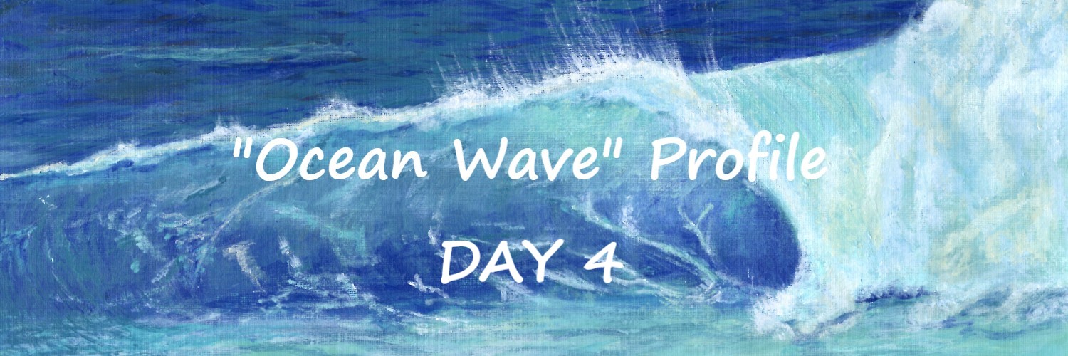 OCEAN WAVE profile day 4 - Sandra Burns ART - nature art, crashing wave, blue water, white sea-spray, white shore wash, acrylic painting on paper