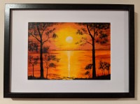 PEACEFUL SUNSET - Sandra Burns ART - nature art, a glorious sunset or red and yellow, golden sun reflecting across the water, framed by black silhouette trees, acrylic painting on paper