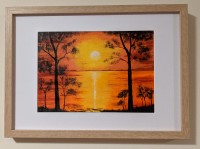 PEACEFUL SUNSET - Sandra Burns ART - nature art, a glorious sunset or red and yellow, golden sun reflecting across the water, framed by black silhouette trees, acrylic painting on paper