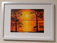 PEACEFUL SUNSET - Sandra Burns ART - nature art, a glorious sunset or red and yellow, golden sun reflecting across the water, framed by black silhouette trees, acrylic painting on paper