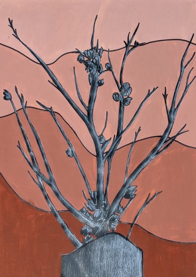 VERY STILL - Sandra Burns ART - nature art, rustic still life art, twigs leafless branches with seed nuts standing in ceramic vase, tri-colour background in shades of brown, subject is painted in black with white highlights - acrylic paint, chinagraph pencil, wax pencil, original mixed media painting on paper