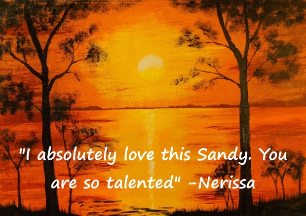 PEACEFUL SUNSET - Sandra Burns ART - nature art, a glorious sunset or red and yellow, golden sun reflecting across the water, framed by black silhouette trees, acrylic painting on paper