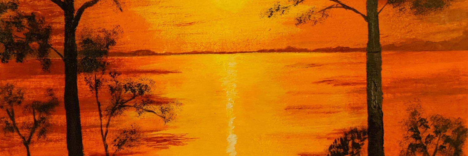 PEACEFUL SUNSET - Sandra Burns ART - nature art, a glorious sunset or red and yellow, golden sun reflecting across the water, framed by black silhouette trees, acrylic painting on paper