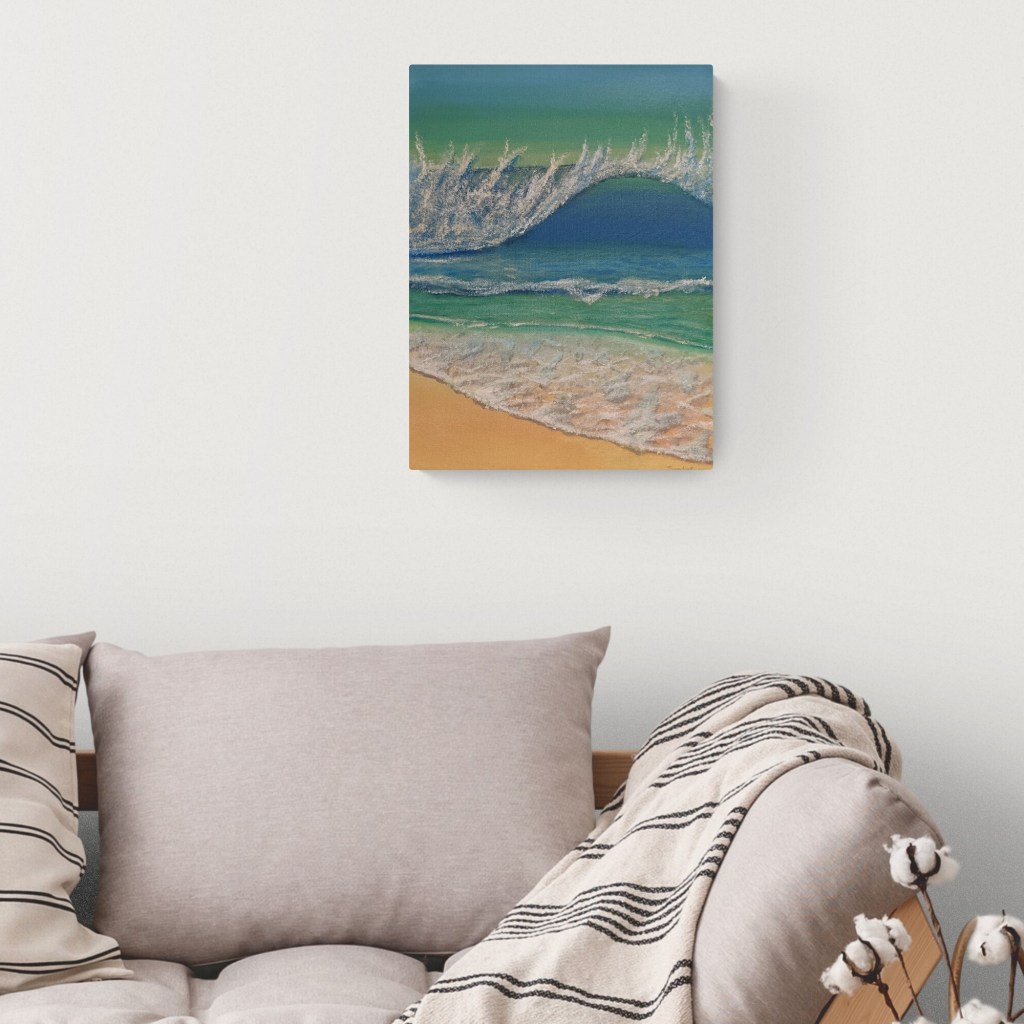 AT THE BEACH - Sandra Burns ART - nature art, crashing wave, blue green water, white sea-spray, white shore wash, sand - nature art for sale, acrylic painting on stretched canvas