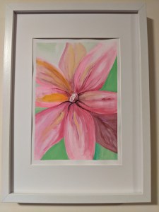 BLOOMING DELIGHT - Sandra Burns ART - nature art, bright pink flower with yellow highlights against a bright green background, watercolour painting on paper
