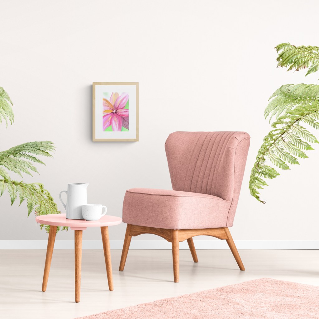 BLOOMING DELIGHT - Sandra Burns ART - nature art, bright pink flower painting with yellow highlights against a bright green background - nature art for sale, original watercolour painting on paper