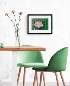 EDDIE THE EMU - Sandra Burns ART - nature art, Australian Emu painting, with amazing eyes looking at you, black white grey gray feathers, green background - original artwork reproduced on deluxe wall art print