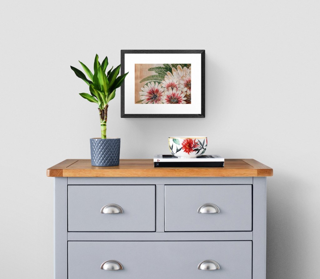 FLOWERS FOR YOU - Sandra Burns ART - nature art, glorious crimson gold and white flower painting with gold highlights on the petals, deep green fish fern, tan background - nature art for sale, original acrylic painting on paper