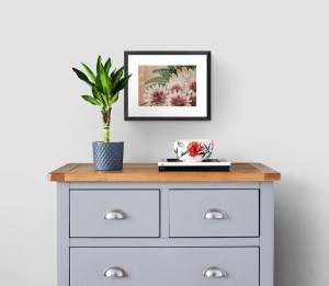 FLOWERS FOR YOU - Sandra Burns ART - nature art, glorious crimson gold and white flower painting with gold highlights on the petals, deep green fish fern, tan background - original artwork reproduced on deluxe wall art print