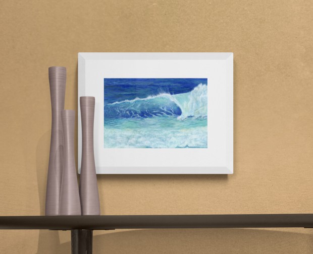 OCEAN WAVE - Sandra Burns ART - nature art, blue ocean wave painting, crashing wave, blue water, white sea-spray, white shore wash - original acrylic painting on paper