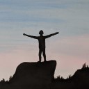 ON TOP OF THE WORLD - Sandra Burns ART - nature art, man climber hiker hiking, standing on top of rocks, looking out across landscape, sunset sunrise, blue and pink sky, black silhouette man, watercolour watercolor and acrylic paint, mixed media on paper