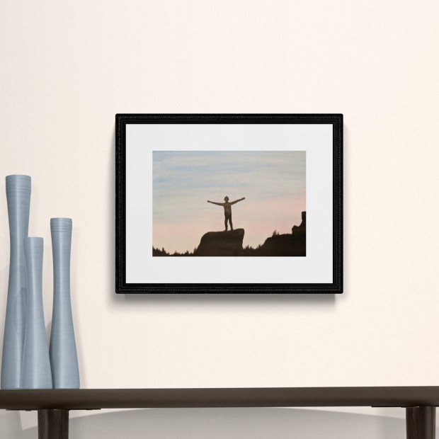 ON TOP OF THE WORLD - Sandra Burns ART - nature art, man climber hiker hiking, standing on top of rocks, looking out across landscape, sunset sunrise, blue and pink sky, black silhouette man - nature art for sale, watercolour and acrylic paint, original mixed media painting on paper