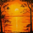 PEACEFUL SUNSET - Sandra Burns ART - nature art, a glorious sunset or red and yellow, golden sun reflecting across the water, framed by black silhouette trees, acrylic painting on paper