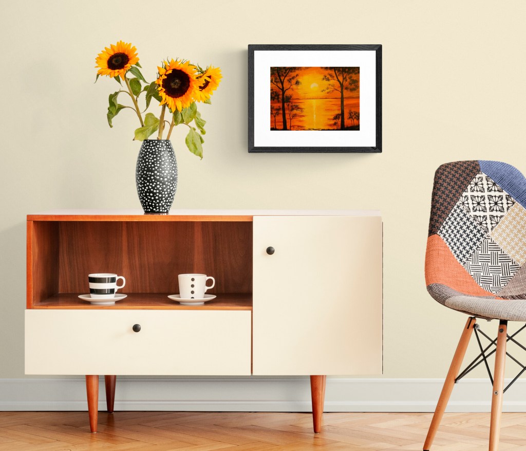 PEACEFUL SUNSET - Sandra Burns ART - nature art, orange sunset painting, a glorious sunset of red and yellow, golden sun reflecting across the water, framed by black silhouette trees - nature art for sale, original acrylic painting on paper