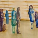 TRAINS DUE - Sandra Burns ART - nature art, people standing at a train station waiting for the train on a cold and windy wintery day - nature art for sale,  original watercolour painting on paper with inkpen details