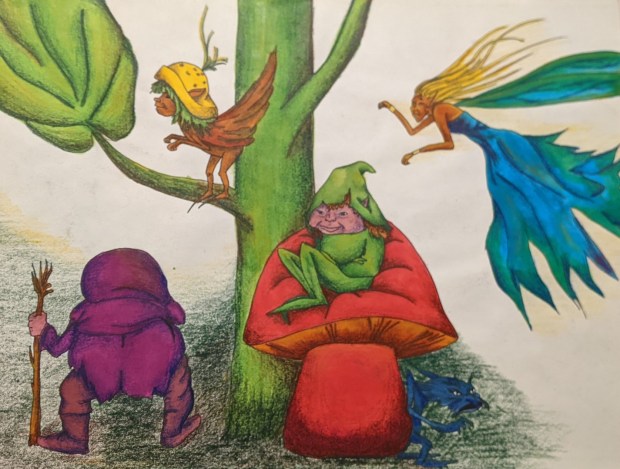 Mythical Creatures - Sandra Burns ART - nature art, mythical creatures art, old man standing on ground, bird elf in tree, elf sitting on a mushroom, flying fairy with blonde hair and blue dress - nature art for sale, indian ink, chinagraph pencil, wax pencil, original mixed media painting on paper