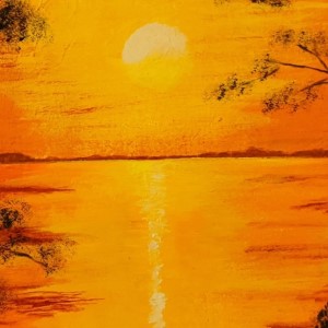 PEACEFUL SUNSET - Sandra Burns ART - nature art, a glorious sunset or red and yellow, golden sun reflecting across the water, framed by black silhouette trees, acrylic painting on paper