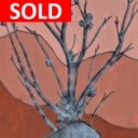 VERY STILL - Sandra Burns ART - nature art for sale SOLD, still life, twigs leafless branches with seed nuts standing in ceramic vase, tri-colour background in shades of brown, subject is painted in black with white highlights, acrylic paint, chinagraph pencil, wax pencil, mixed media on paper