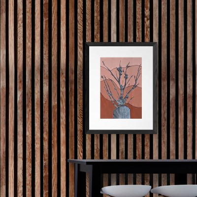VERY STILL - Sandra Burns ART - nature art, still life, twigs leafless branches with seed nuts standing in ceramic vase, tri-colour background in shades of brown, subject is painted in black with white highlights - nature art for sale, acrylic paint, chinagraph pencil, wax pencil, original mixed media painting on paper
