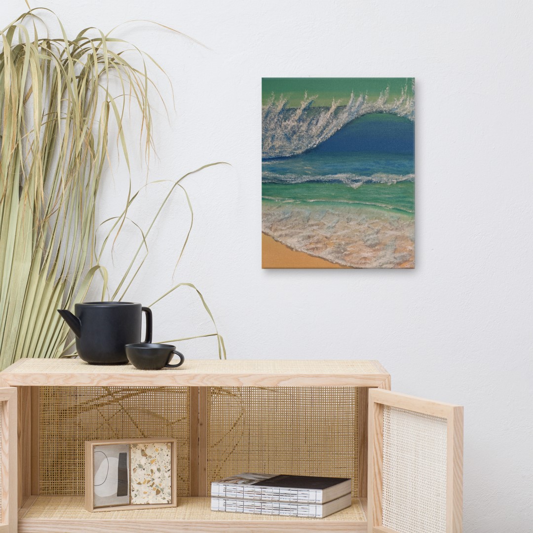 AT THE BEACH - Sandra Burns ART - nature art, crashing wave, blue green water, white sea-spray, white shore wash, sand - original painting reproduced on stretched canvas