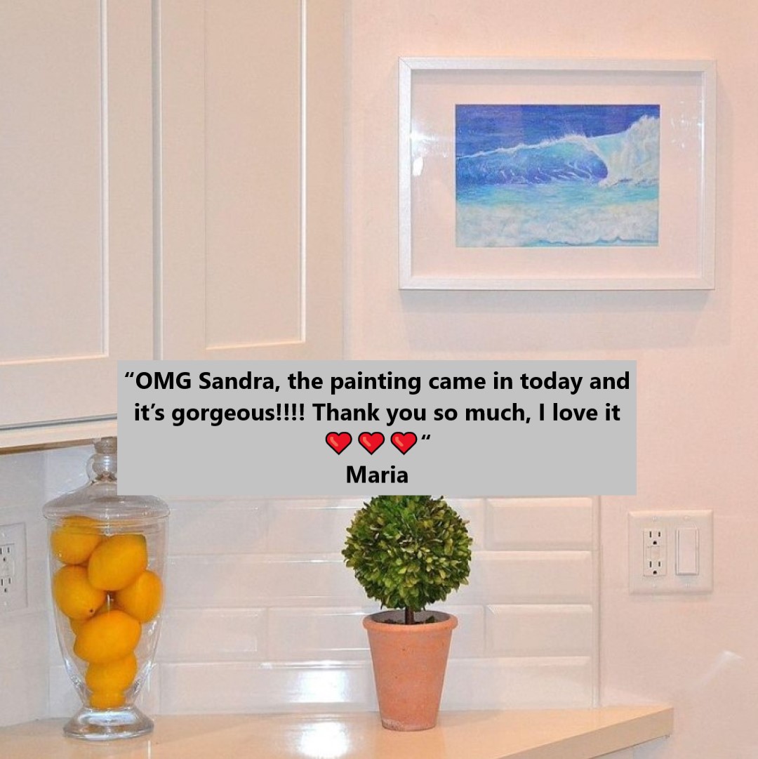 OCEAN WAVE - Sandra Burns ART - nature art, crashing wave, blue water, white sea-spray, white shore wash, acrylic painting on paper