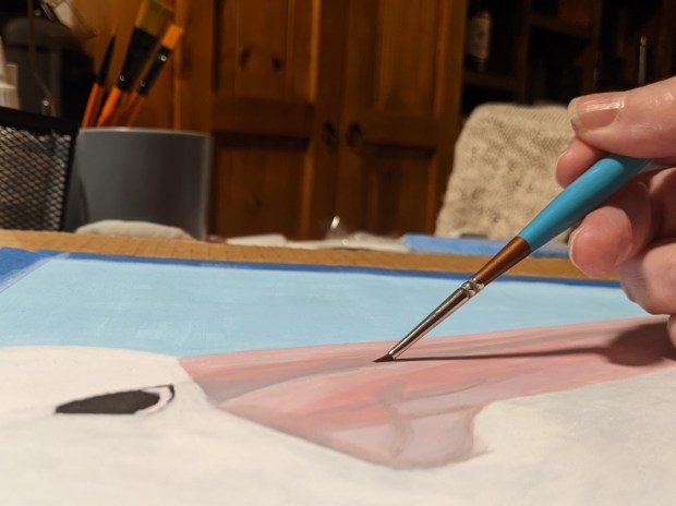 Australian Pelican - Sandra Burns ART - nature art, close-up painting of an Australian pelican, white head and neck, pink beak, black eye - nature art for sale, acrylic painting on paper