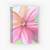 BLOOMING DELIGHT - Sandra Burns ART - nature art, bright pink flower painting with yellow highlights against a bright green background - original watercolour painting reproduced on spiral notebook