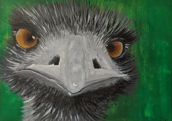 EDDIE THE EMU - Sandra Burns ART - nature art, Australian Emu painting, with amazing eyes looking at you, black white grey gray feathers, green background - acrylic painting on paper