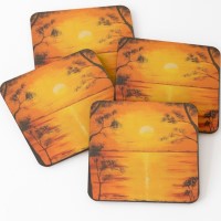 PEACEFUL SUNSET - Sandra Burns ART - nature art, a glorious sunset of red and yellow, golden sun reflecting across the water, framed by black silhouette trees, original artwork reproduced on drink coasters