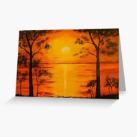 PEACEFUL SUNSET - Sandra Burns ART - nature art, a glorious sunset or red and yellow, golden sun reflecting across the water, framed by black silhouette trees, original artwork reproduced on greeting cards