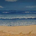 LOOKING TO ROTTO - Sandra Burns ART - nature art, from Scarborough Beach looking out to Rottnest Island, sand, water, ripples, waves, blue sky, acrylic painting on stretched canvas