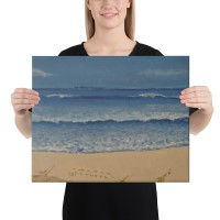 LOOKING TO ROTTO - Sandra Burns ART - nature art, blue ocean painting, from Scarborough Beach looking out to Rottnest Island, sand, water, ripples, waves, blue sky - nature art for sale, original acrylic painting on stretched canvas