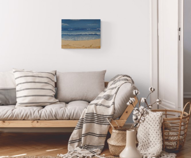 LOOKING TO ROTTO - Sandra Burns ART - nature art, blue ocean painting, from Scarborough Beach looking out to Rottnest Island, sand, water, ripples, waves, blue sky - nature art for sale, original acrylic painting on stretched canvas