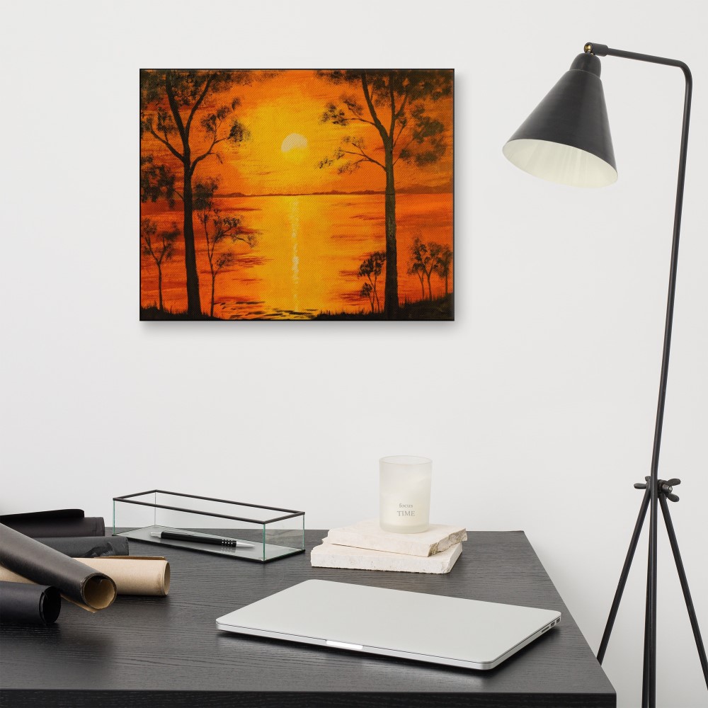 PEACEFUL SUNSET - Sandra Burns ART - nature art, a glorious sunset of red and yellow, golden sun reflecting across the water, framed by black silhouette trees, original artwork reproduced on canvas print