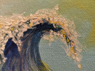 Summertime snippet - Sandra Burns ART - as the wave rises up, white foam forms on the crest of the wave, tilting and tipping into the waters below - blue, white, pink, yellow