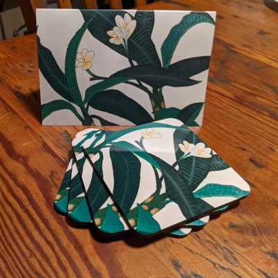 Gift Ideas - Sandra Burns ART - four drink coasters and a greeting card, all featuring Sandra Burns' EXOTIC BLOOM frangipani plumeria artwork