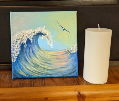 BY THE SEA - Sandra Burns ART - nature art for sale, looking along the curl of a wave, with pink and yellow reflections on the water, white splashes of water on the crest of the wave, and a seagull flying alongside, blue, green, yellow, pink, water, wave, sea, splash, surf, sky, seagull, summertime, memories of summer