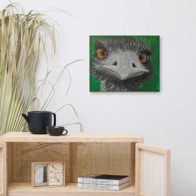 Eddie The Emu canvas print - Sandra Burns ART - a canvas print of my gorgeous emu artwork on the wall of a casual room setting