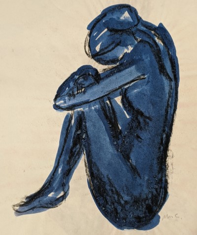 2 Minute Yoga - Sandra Burns ART - image of a woman in seated yoga pose with knees drawn up to chest, arms around knees, feet off ground, and head tucked in, blue watercolour paint and black charcoal shading