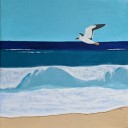 OCEAN VIBE - Sandra Burns ART - nature art for sale, looking out to see as a seagull flies past, deep blue water, light blue wave, white splashes of water on the crest of the wave, white shore wash lapping up to the sand, blue, green, water, wave, sea, splash, surf, sky, seagull, summertime, memories of summer, acrylic painting on stretched canvas