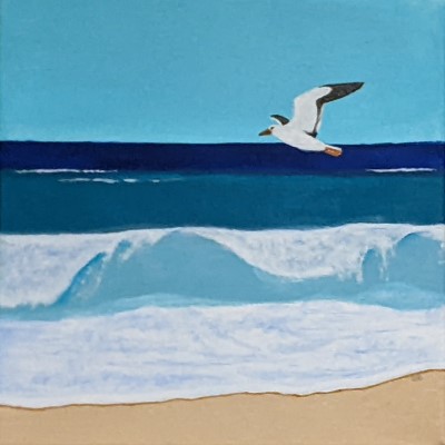 OCEAN VIBE - Sandra Burns ART - nature art for sale, looking out to see as a seagull flies past, deep blue water, light blue wave, white splashes of water on the crest of the wave, white shore wash lapping up to the sand, blue, green, water, wave, sea, splash, surf, sky, seagull, summertime, memories of summer