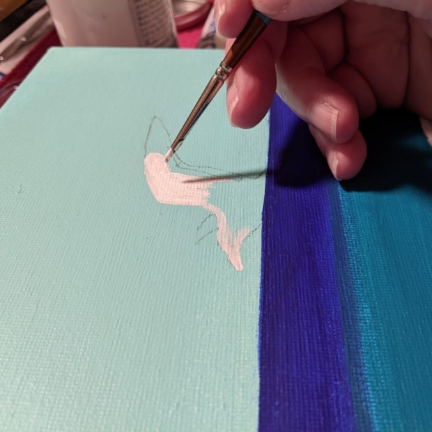 Ocean Vibe close-up - Sandra Burns ART - adding a focal point to my Ocean Vibe painting - sketched and filling with white before adding details
