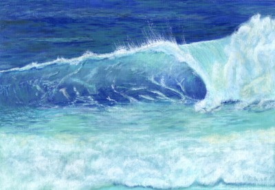 OCEAN WAVE - Sandra Burns ART - nature art, crashing wave, blue water, white sea-spray, white shore wash, acrylic painting on paper