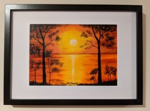 PEACEFUL SUNSET - Sandra Burns ART - nature art, a glorious sunset or red and yellow, golden sun reflecting across the water, framed by black silhouette trees, acrylic painting on paper
